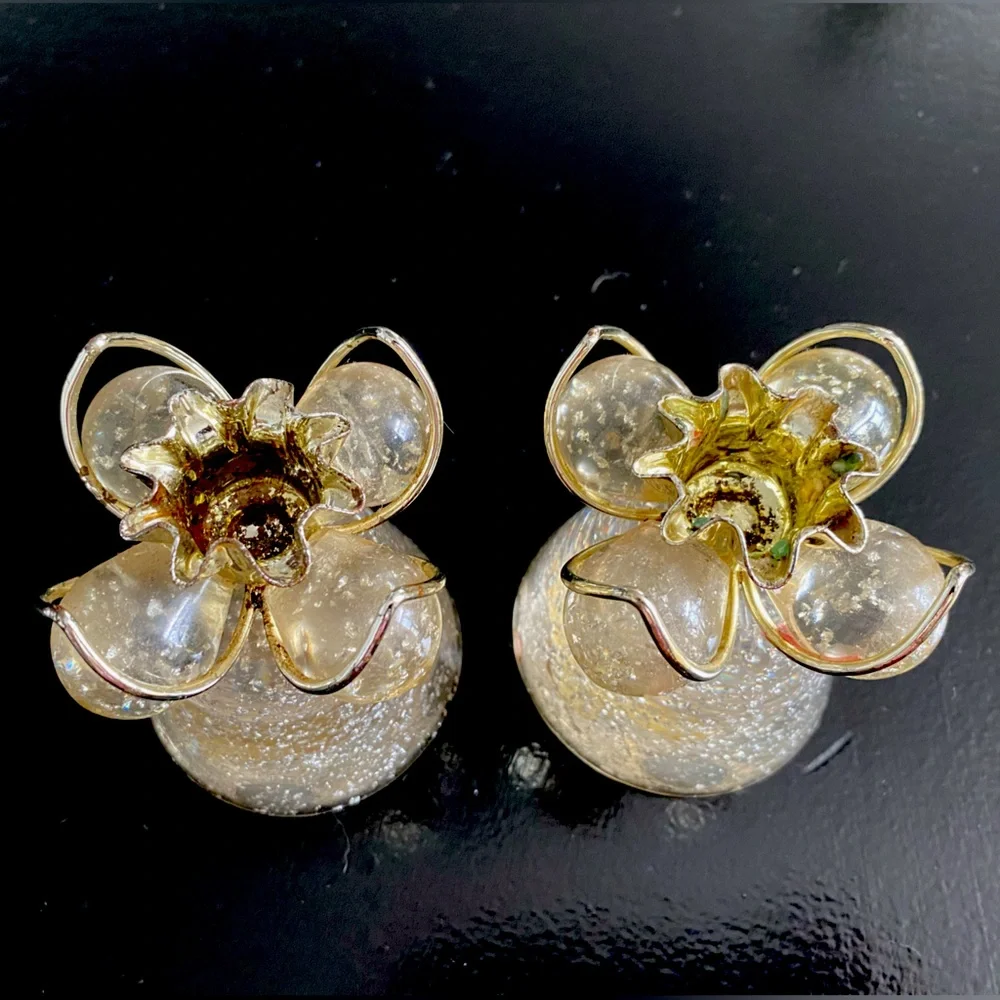 Vintage Lucite Acrylic Candle Sticks Holders Clear W/Gold Flecks Cone & Ball